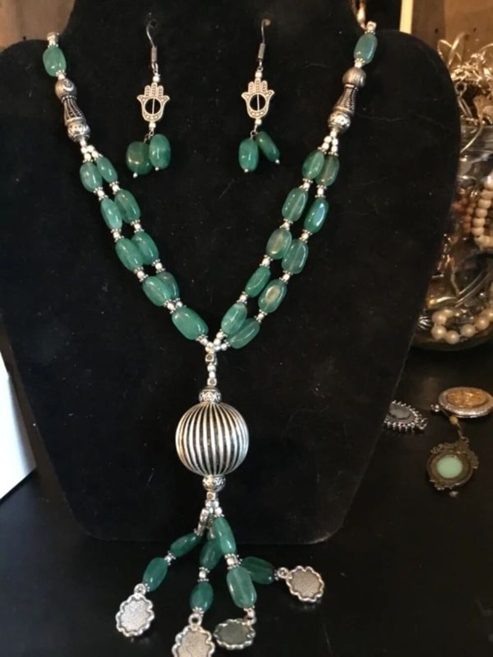 Bohemian Silvertone Green Simulated Emerald Hamsa Hand Jewelry Set